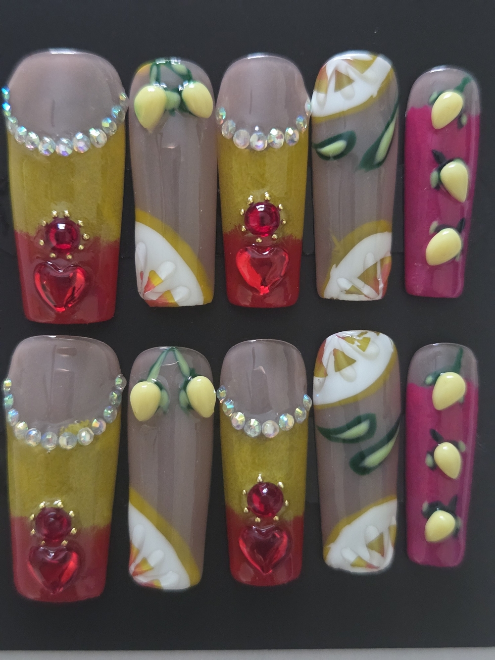 Hand Crafted Lemon & Heart Accent Press-On Nails in Pink, Yellow and Red